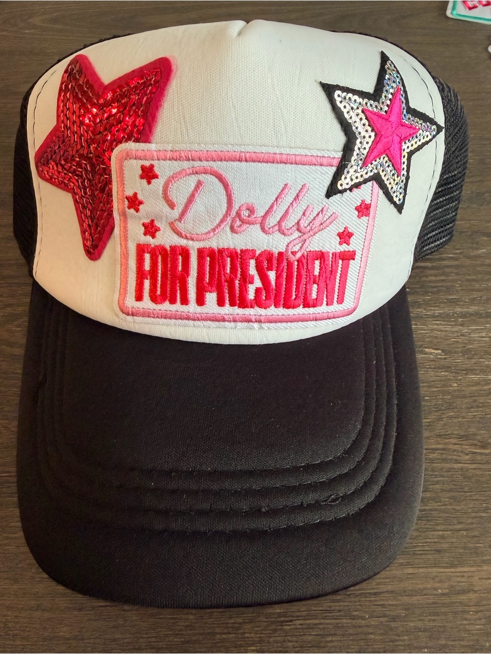 Dolly White & Black Trucker Hat with Pink Star Accents